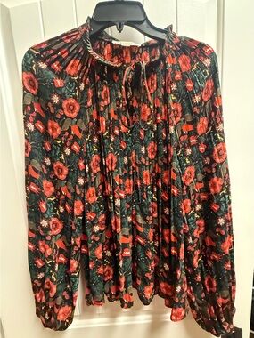 Philosophy XL Pleated Floral Boho Blouse Red Black Romantic Chic Top Flowy